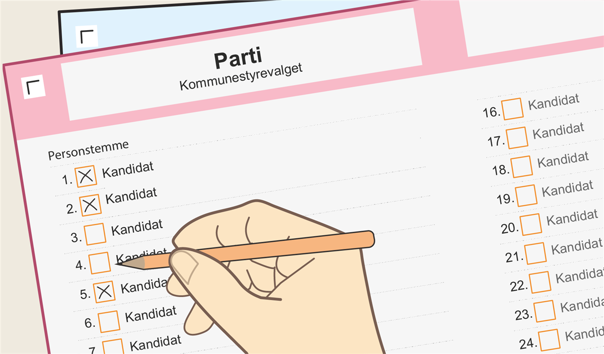 Illustrasjon av at en person gir personstemmer på en stemmeseddel - Klikk for stort bilde