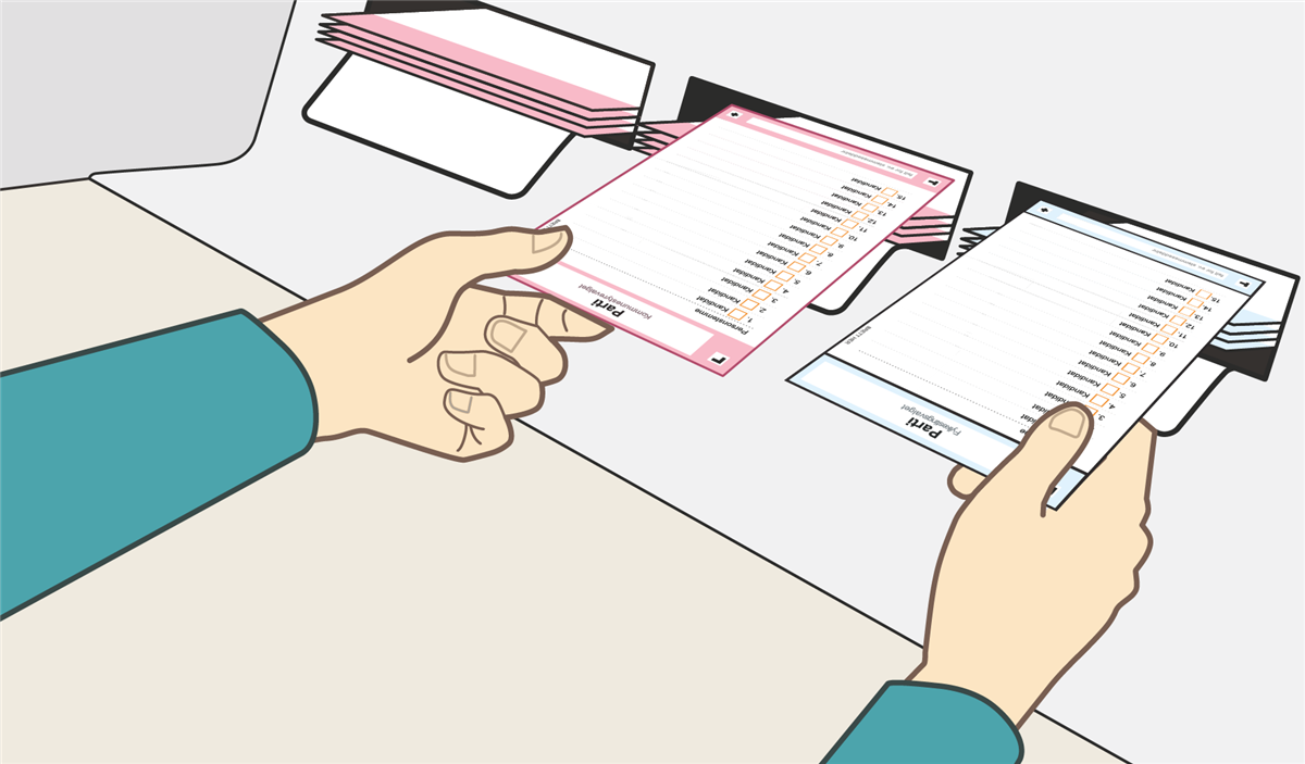 Illustrasjon av at en person tar stemmesedler i et avlukke - Klikk for stort bilde