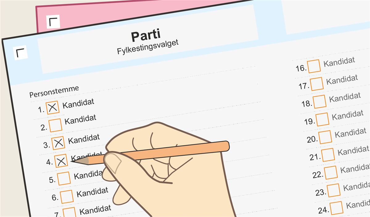 Illustrasjon av at en person gir personstemme på stemmeseddel - Klikk for stort bilde