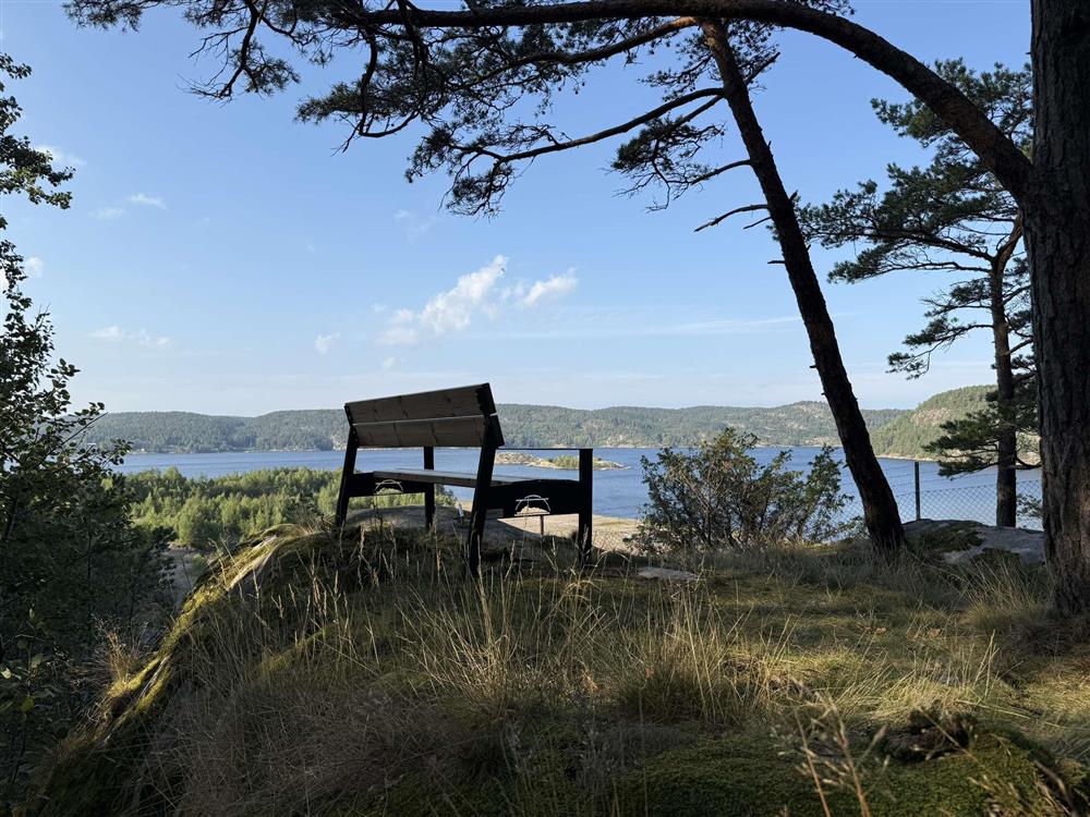 Benk plassert på utsiktspunkt - Klikk for stort bilde