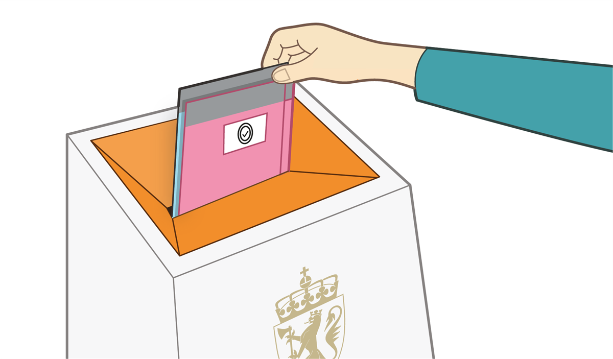 Illustrasjon av en person som legger stemmesedler i valgurne - Klikk for stort bilde