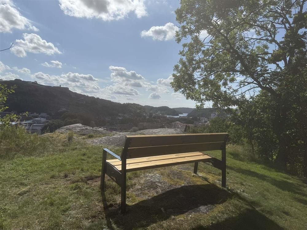 Benk plassert på utsiktspunkt - Klikk for stort bilde