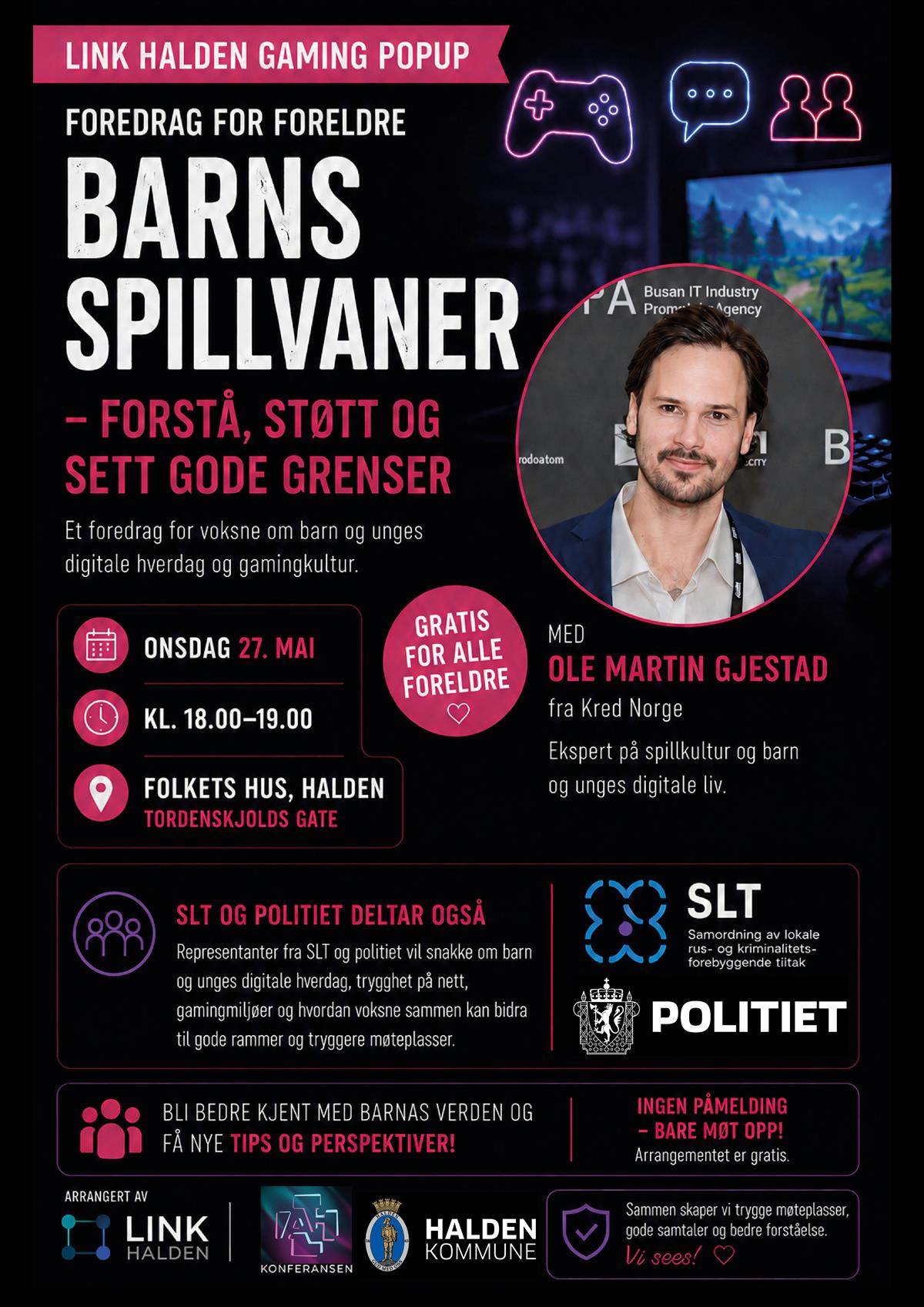 Plakat med bilde av mann, info som beskrevet i tekst