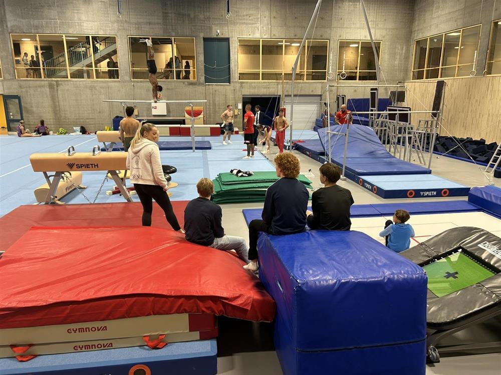 Gutter og jenter turner på apparater i en hall. - Klikk for stort bilde