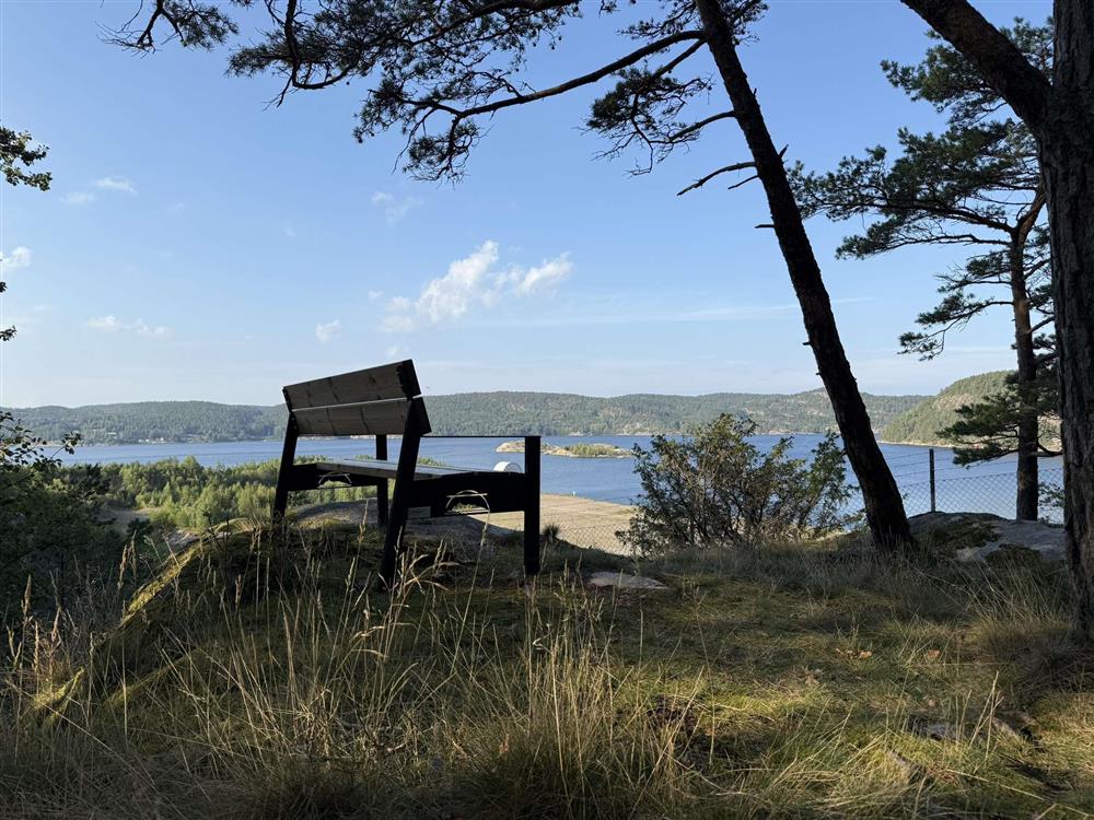 Benk plassert på utsiktspunkt - Klikk for stort bilde