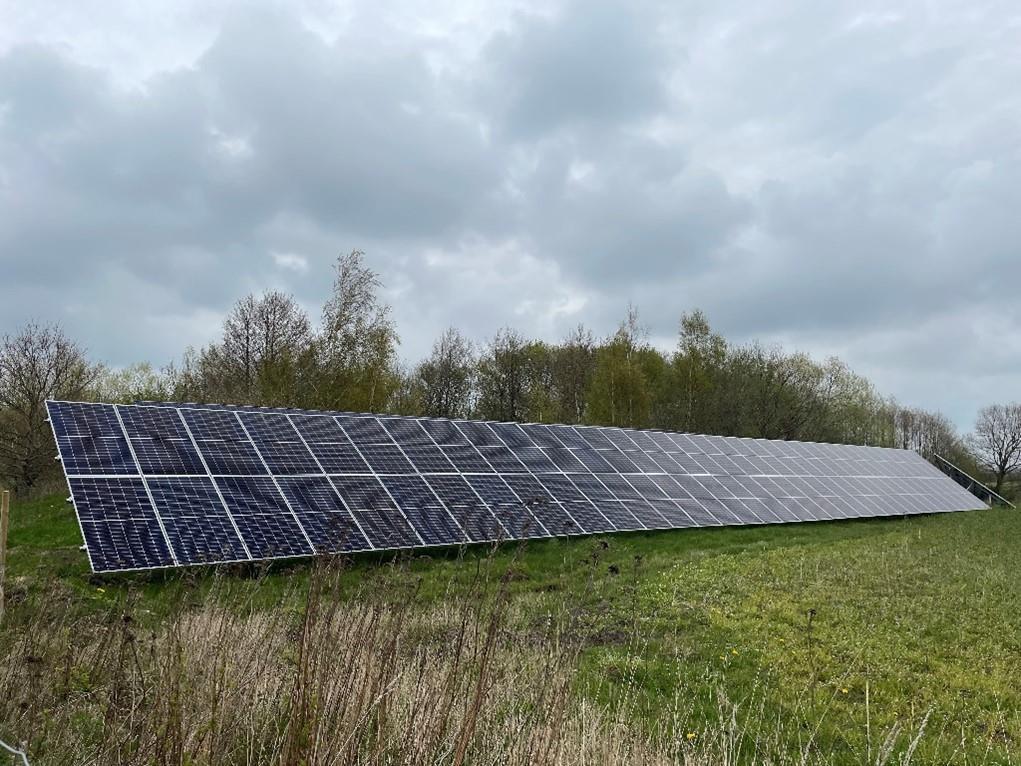 Mange solcellepaneler på en gressbakke - Klikk for stort bilde