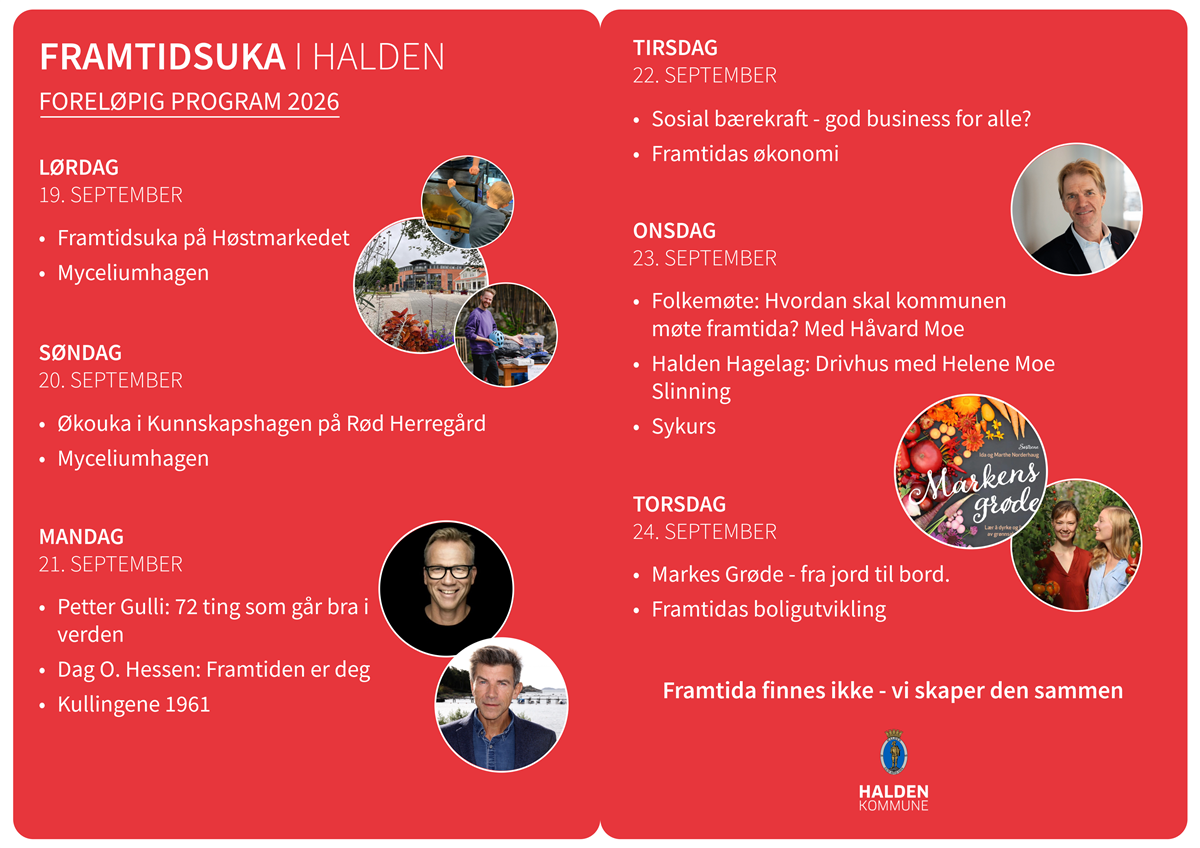 Program med rød bakgrunn, tekst og portrettbilder - Klikk for stort bilde