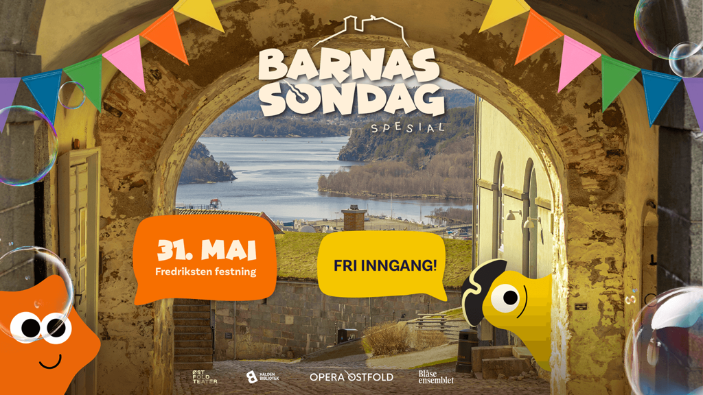 Utsikt mot vann fra festning. Tekst Barnas søndag. 